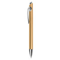 A metallic gold pen with a sleek design and silver accents, featuring a clip and a polished tip.