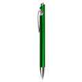 A green plastic pen with a silver clip and a shiny finish. It features a branding logo on the barrel.