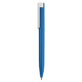 A blue metal pen with a white clip and a sleek design. It features a logo on the barrel.