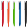 A collection of five pens in red, orange, green, blue, and black, each featuring a clip and a sleek design.