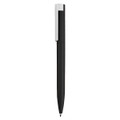 A black pen with a silver clip, featuring a sleek, minimalist design and a branding logo.