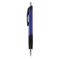 A blue plastic pen with a black grip and clip, featuring a silver tip and a logo.