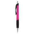 A pink plastic pen with a black grip and a pocket clip, featuring a shiny silver nib and branding.