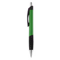 A green and black plastic pen with a smooth grip and a silver clip, featuring a logo on its body.