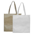 Two paper bags are displayed, one in brown and the other in white, both with handles and a logo.