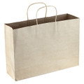 A large brown paper bag with two handles and a plain surface, featuring a logo on one side.