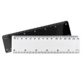 A 15cm plastic ruler in white and black, featuring measurement markings on both sides and a logo.