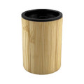 A bamboo pencil sharpener with a black interior. The exterior features a natural bamboo finish.