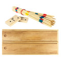 A wooden play set featuring colourful pick-up sticks, dominoes, and a wooden base. The wood is light and natural.