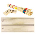 A wooden play set featuring coloured sticks and dominoes in natural wood tones. The set includes a logo.