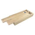 A wooden play set featuring a sleek, light-coloured design with compartments for game pieces. It includes a branding logo.