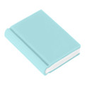 A book-shaped rubber eraser in a light turquoise colour with a glossy finish and a white edge.
