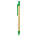 A recycled cardboard pen with a natural body and green accents. Features a clip and a logo.