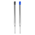 Two metal Parker type refills in silver, one with a black tip and one with a blue tip, each featuring a branding logo.