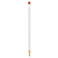 A round mechanical pencil in white with a gold tip and red eraser, featuring a branding logo.