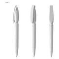 A white plastic pen with a smooth body and a removable cap, featuring a branded logo.