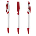 A plastic pen featuring a white body with red accents, including a click mechanism and clip. It has a logo.