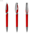 A red plastic pen with silver accents and a sleek design, featuring a clip and a transparent barrel.