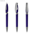 A transparent dark blue plastic pen with a silver clip and accents, showing three different angles.