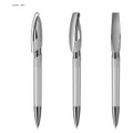 A transparent plastic pen with a metallic clip and tip, showcasing a sleek design in clear and chrome colours.
