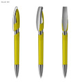 A transparent yellow plastic pen with a silver clip and accents, featuring a logo on the body.