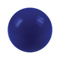 A blue stress ball with a smooth, shiny surface, featuring a round, solid shape and a logo.