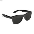 Black sunglasses with dark lenses, featuring a glossy finish and a logo on the side. Suitable for leisure and outdoor activities.