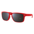 Red sunglasses with dark lenses, featuring a sleek design and a subtle logo on the frame.