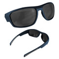 A pair of navy blue sunglasses with dark lenses, featuring a sleek modern design and a logo on the side.