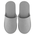 A pair of grey felt slippers with an open design, featuring a simple, minimalist style.