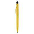 A yellow stylus pen with a black tip, featuring a clip and a logo on the body.
