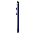 A sleek blue plastic stylus pen with a silver clip and a rounded tip. It features a logo.