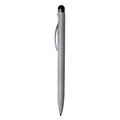 A sleek, silver plastic stylus pen with a black tip and a clip. Includes a branding logo.