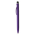 A purple stylus pen with a black rubber tip and a silver clip, featuring a logo.