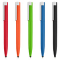 Five stylus pens in red, orange, green, blue, and black. Each pen has a white clip and a smooth finish.