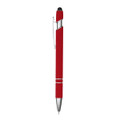A red stylus pen with a silver clip and tip, featuring a sleek design and a branding logo.