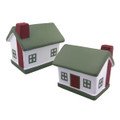 Two stress-relief house shapes with green roofs and white walls, featuring red doors and windows.