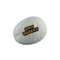 A grey foam stress brain with a logo and Halloween-themed text on the surface.