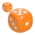 Two large orange dice with white dots, featuring one smaller die in the background, both having a glossy finish.
