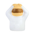 A stress relief toy shaped like a figure with a beige head and white body, featuring brown hair. It has a logo on it.