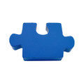 A blue jigsaw puzzle piece with a smooth finish, featuring a classic interlocking design. It has a logo on one side.