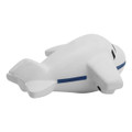 A stress relief toy shaped like a large white aeroplane with blue accents. It has a simple, smooth design.