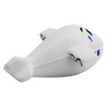 A white stress relief toy shaped like an aeroplane with blue accents. It has a smooth finish and a playful design.