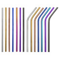 A collection of colourful stainless steel straws, featuring straight and bent designs in various metallic hues.