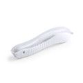 A white toothbrush with a curved handle, featuring a bristle head and a logo.