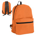 An orange backpack with black straps and a front pocket, featuring a branding logo.