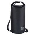 A black 10L dry sack with a shoulder strap and a logo. Suitable for waterproof storage.