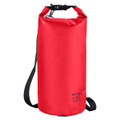 A red 10L dry sack with a shoulder strap and a logo. Perfect for keeping contents dry in wet conditions.