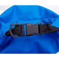 A blue dry sack featuring a black clip buckle and adjustable strap for fastening. It has a smooth, waterproof surface.