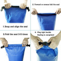 A blue Deluxe Dry Sack – 10L with step-by-step guide for sealing and securing the bag, featuring a logo.